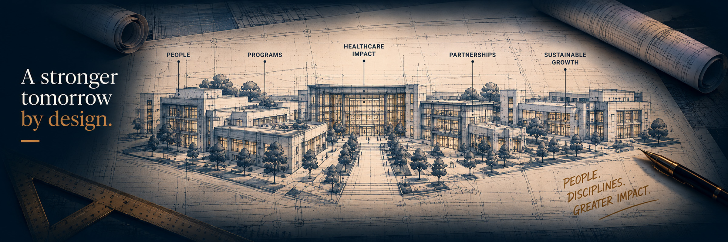 THE BLUEPRINT — A Stronger Tomorrow by Design Architectural campus blueprint representing people, programs, healthcare impact, partnerships and sustainable growth.