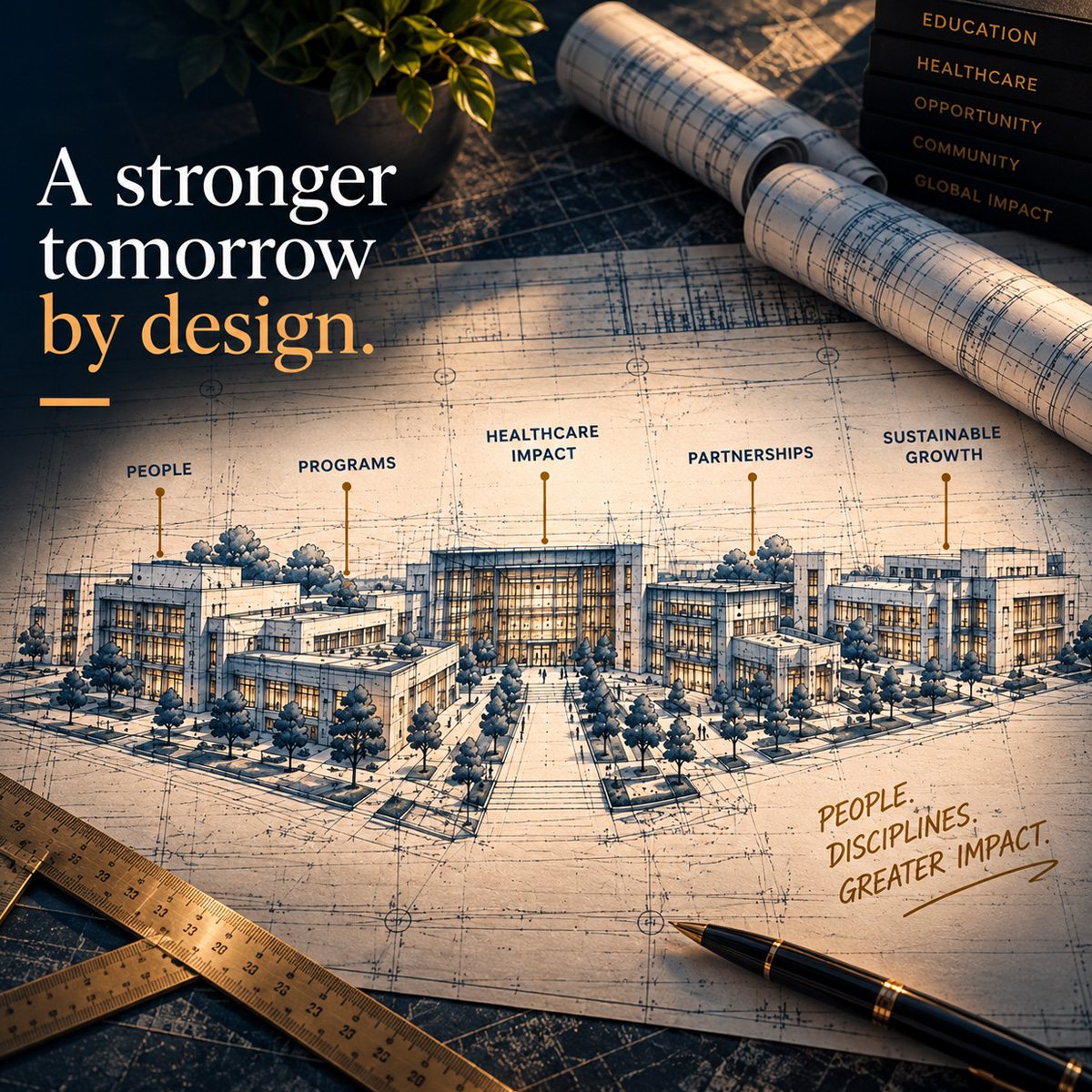 THE BLUEPRINT — A Stronger Tomorrow by Design — Mobile Architectural campus blueprint representing people, programs, healthcare impact, partnerships and sustainable growth.