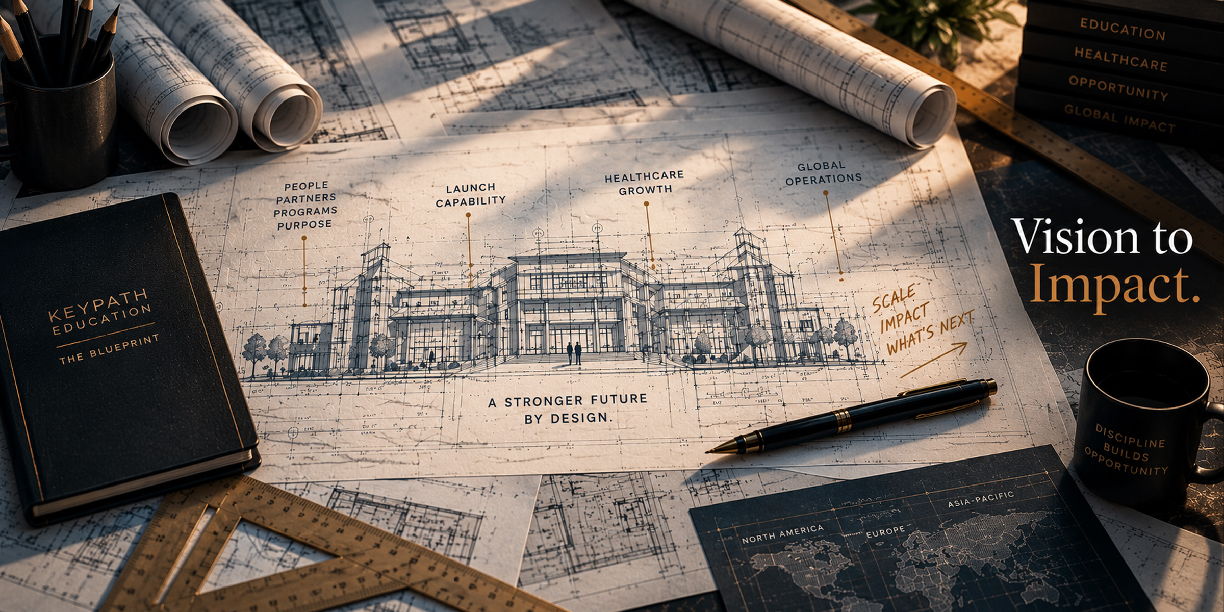 THE BLUEPRINT — Vision to Impact Architectural blueprint workspace illustrating enterprise growth planning, with callouts for launch capability, healthcare growth and global operations, alongside the phrase “Vision to Impact.”