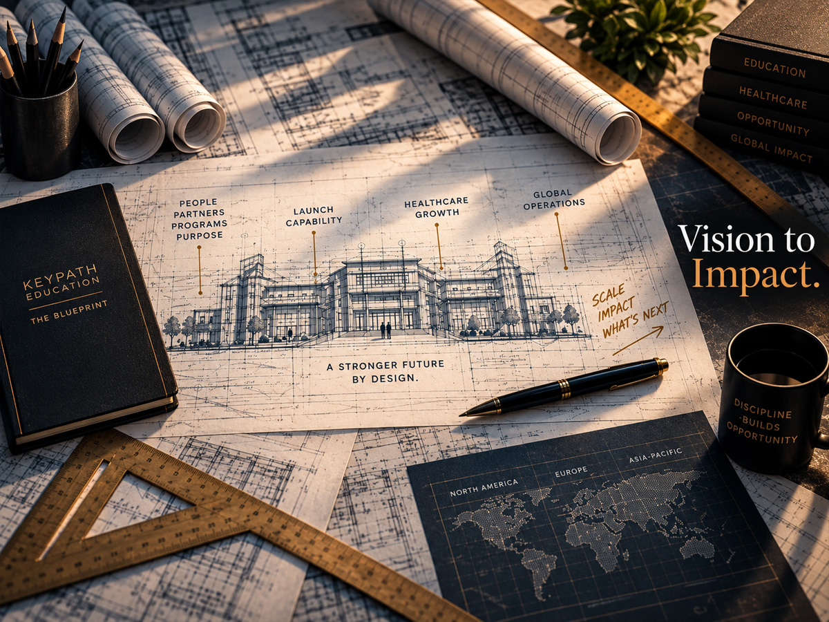 THE BLUEPRINT — Vision to Impact — Mobile Architectural blueprint workspace illustrating enterprise growth planning, with callouts for launch capability, healthcare growth and global operations, alongside the phrase “Vision to Impact.”