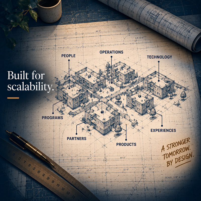 THE BLUEPRINT — Built for Scalability Modular architectural plan representing the people, programs, partners, products and operations required to scale.