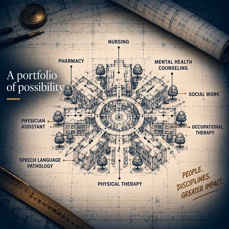 THE BLUEPRINT — Portfolio of Possibility Blueprint portfolio connecting nursing, mental health counseling, social work, occupational therapy, physical therapy, speech-language pathology, physician assistant and pharmacy.
