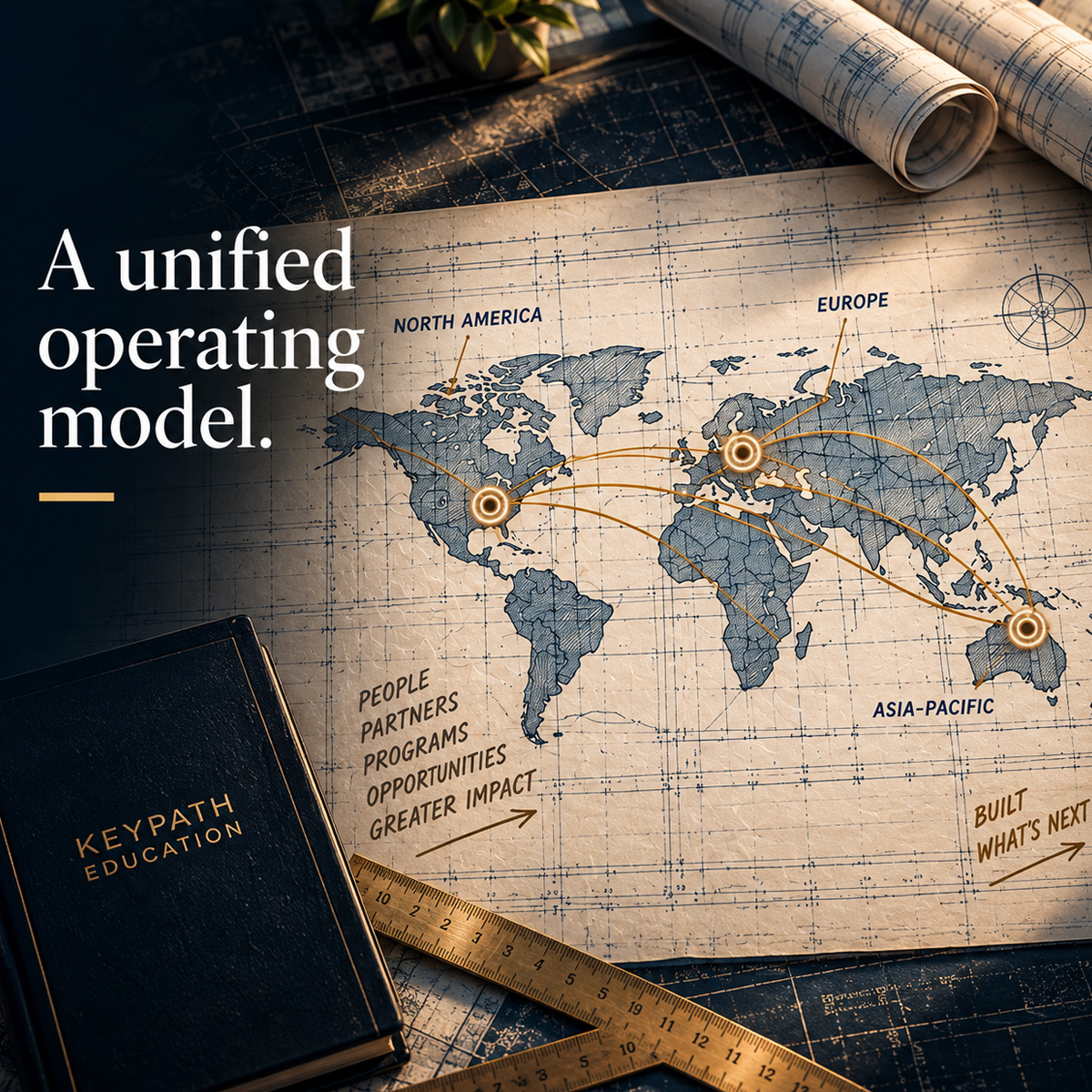 THE BLUEPRINT — Unified Operating Model — Mobile Blueprint world map connecting North America, Europe and Asia-Pacific to represent a unified global operating model.