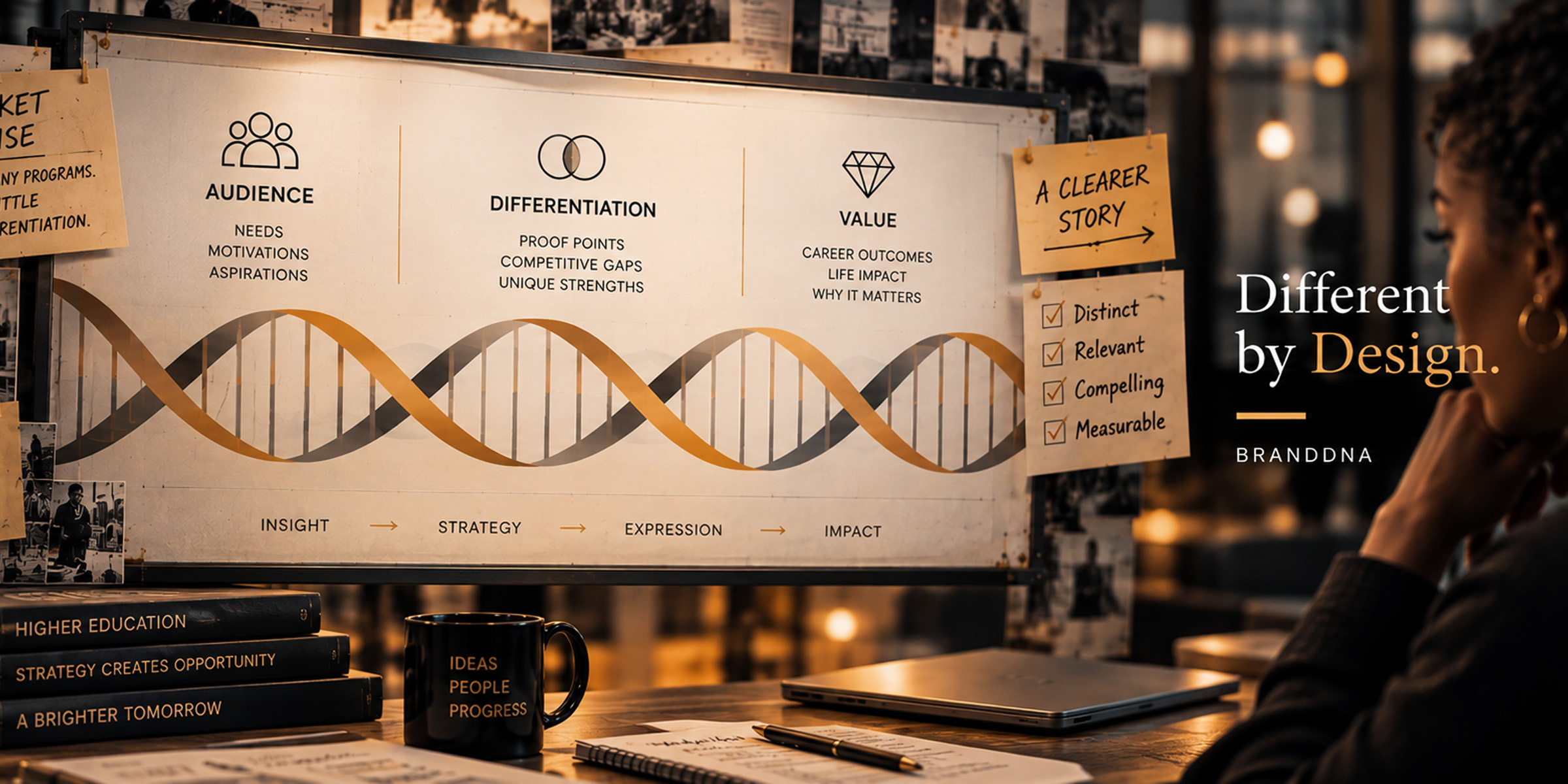 THE DNA — Different by Design BrandDNA strategy board illustrating audience, differentiation and value, with a DNA helix and the phrase “Different by Design.”