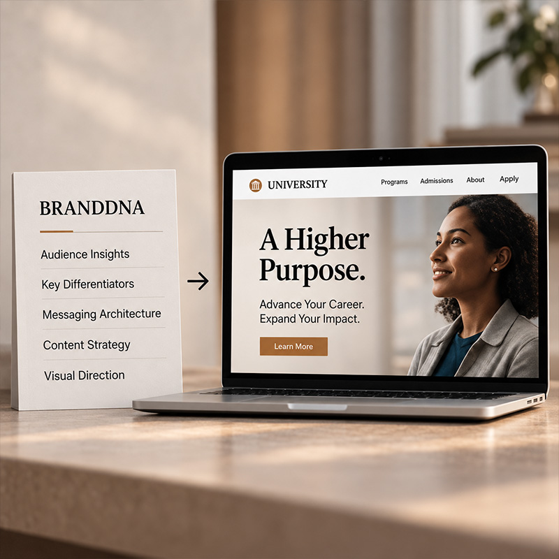 THE DNA — From Strategy to Expression BrandDNA strategy framework translated into a higher-purpose university campaign on a laptop.