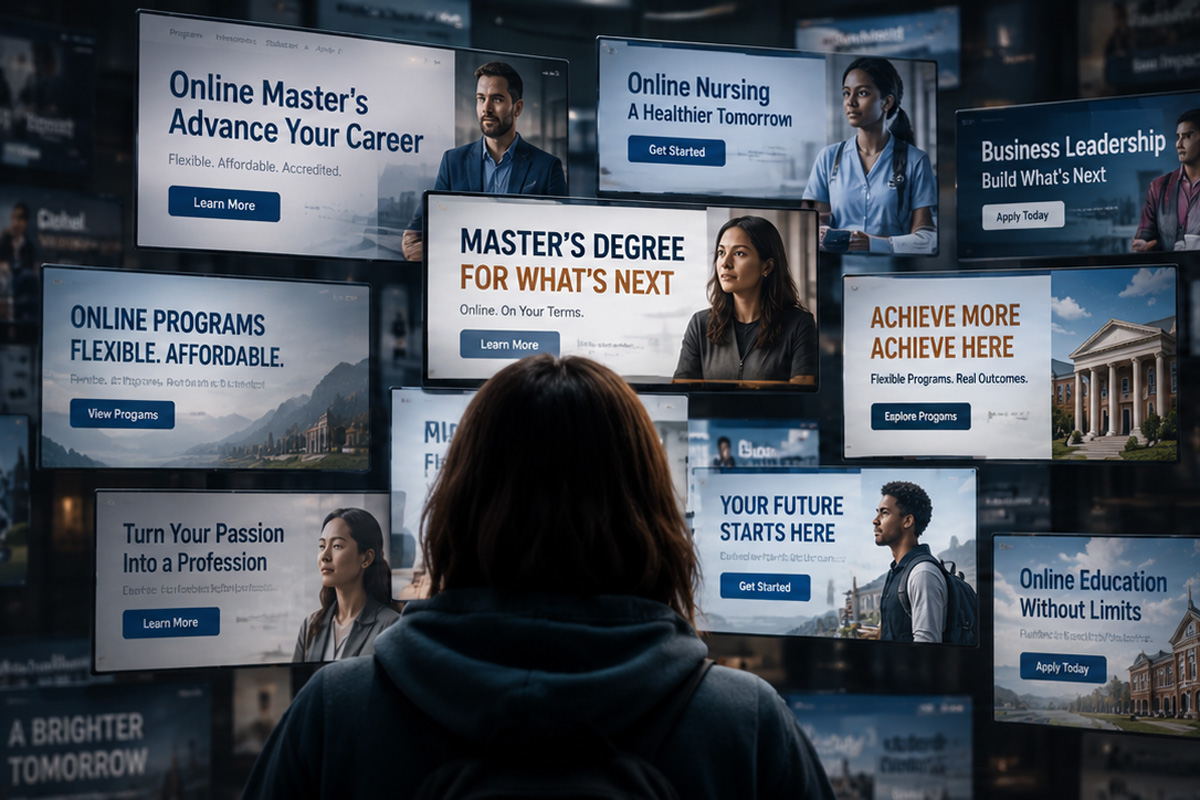 THE DNA — Crowded Marketplace Prospective student facing a crowded field of online program messages, representing competition in higher education.