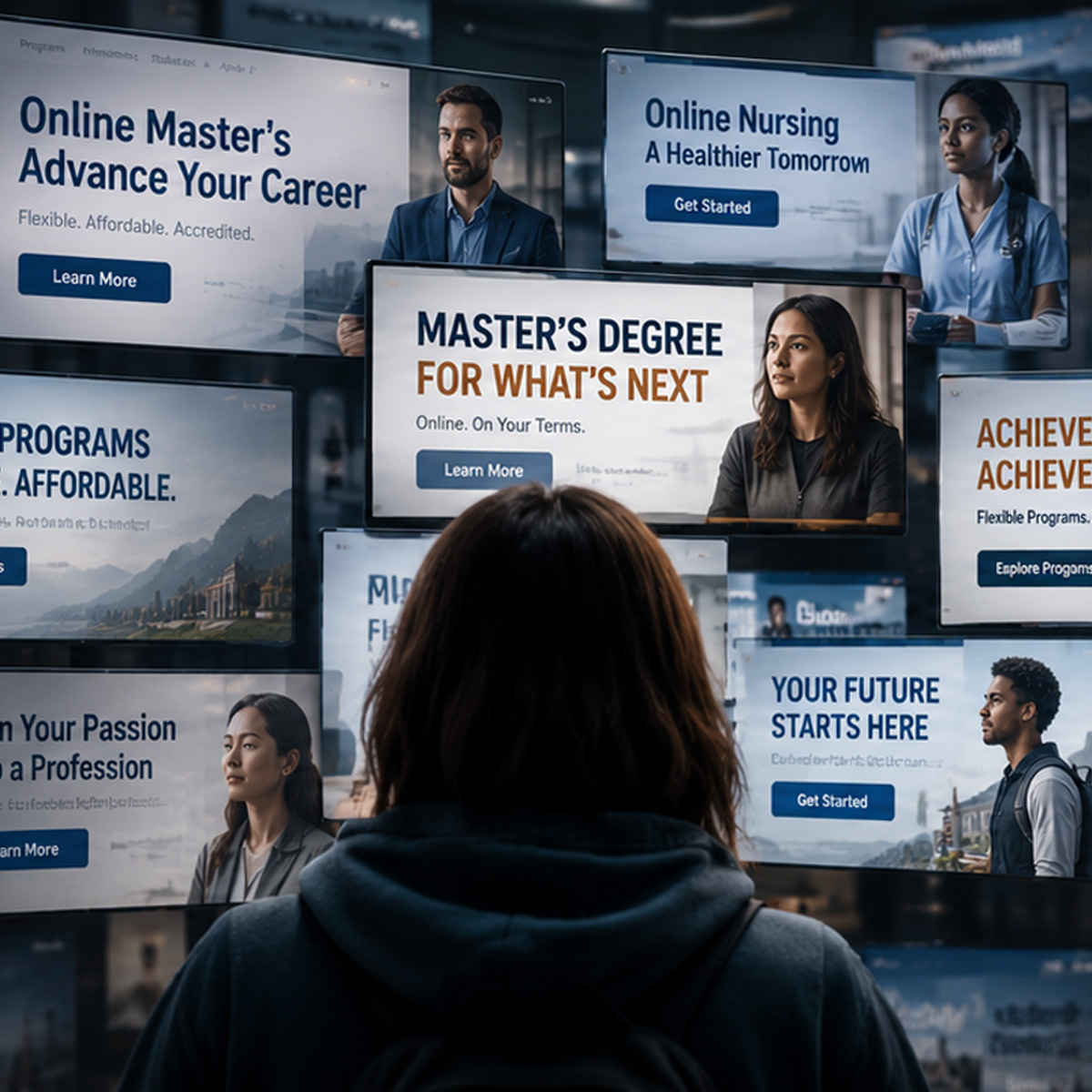 THE DNA — Crowded Marketplace — Mobile Prospective student facing a crowded field of online program messages, representing competition in higher education.