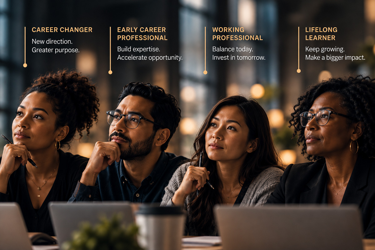 THE DNA — Audience Personas Four adult learner personas representing career changers, early-career professionals, working professionals and lifelong learners.