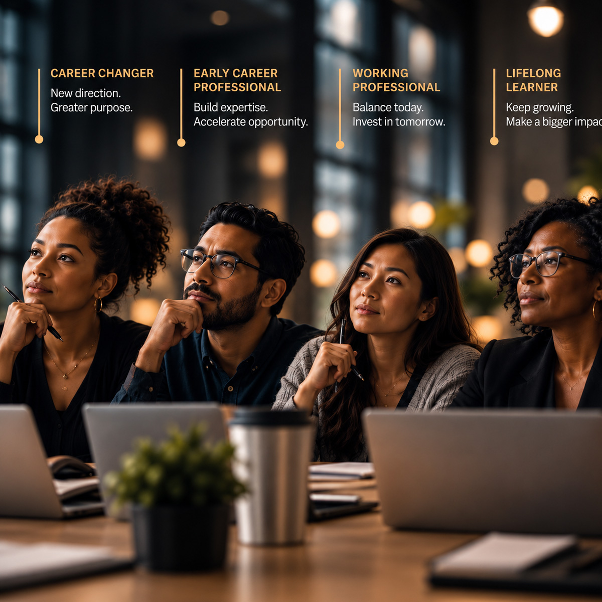 THE DNA — Audience Personas — Mobile Four adult learner personas representing career changers, early-career professionals, working professionals and lifelong learners.