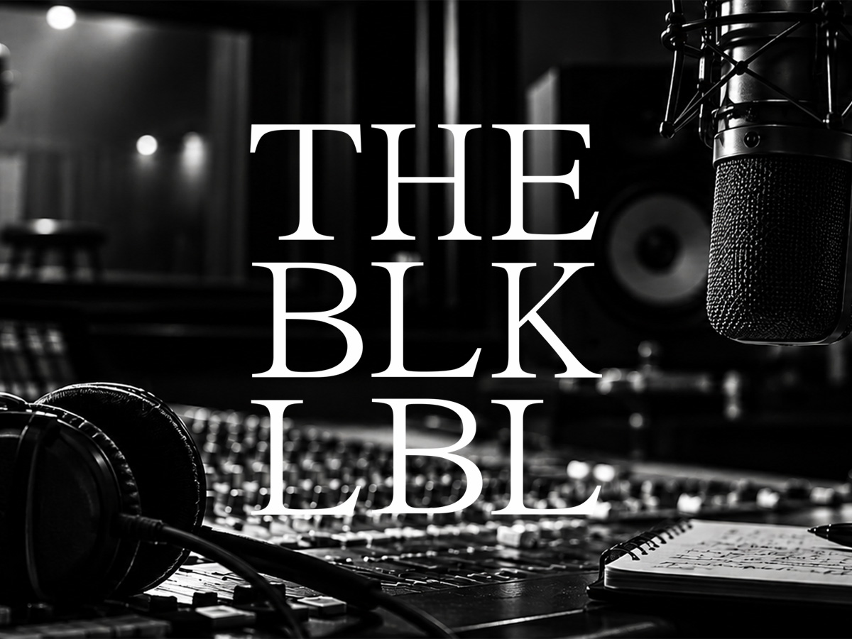 THEBLKLBL Hero — Mobile Black-and-white recording studio with mixing console, headphones and microphone, overlaid with THEBLKLBL logo.