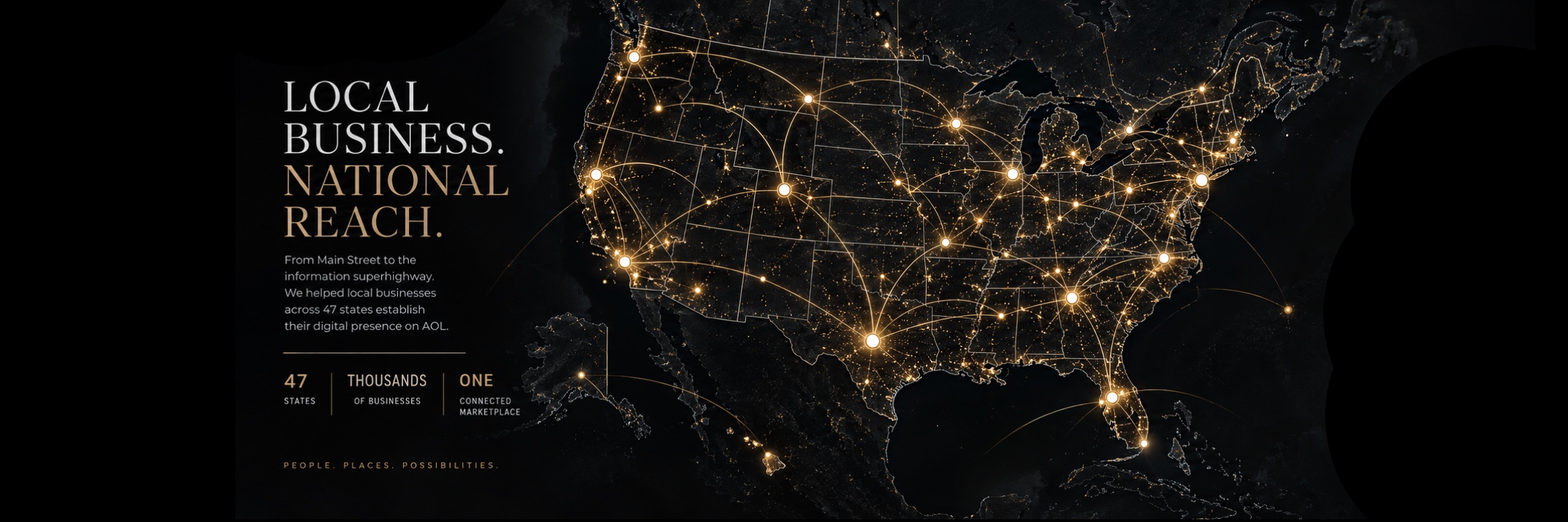 THE ROLLOUT — National Reach Map of the United States with illuminated connections representing local businesses reached across the country.