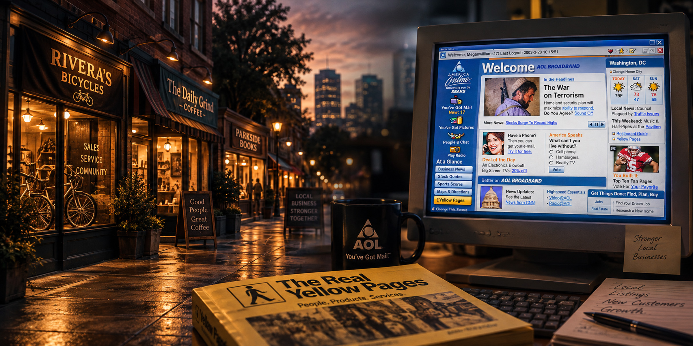 THE ROLLOUT — Local Business Goes Digital Local storefronts, an AOL screen and Yellow Pages illustrating the shift from local business directories to digital discovery.