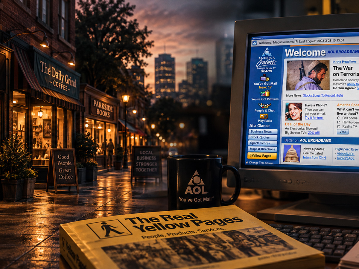 THE ROLLOUT — Local Business Goes Digital — Mobile Local storefronts, an AOL screen and Yellow Pages illustrating the shift from local business directories to digital discovery