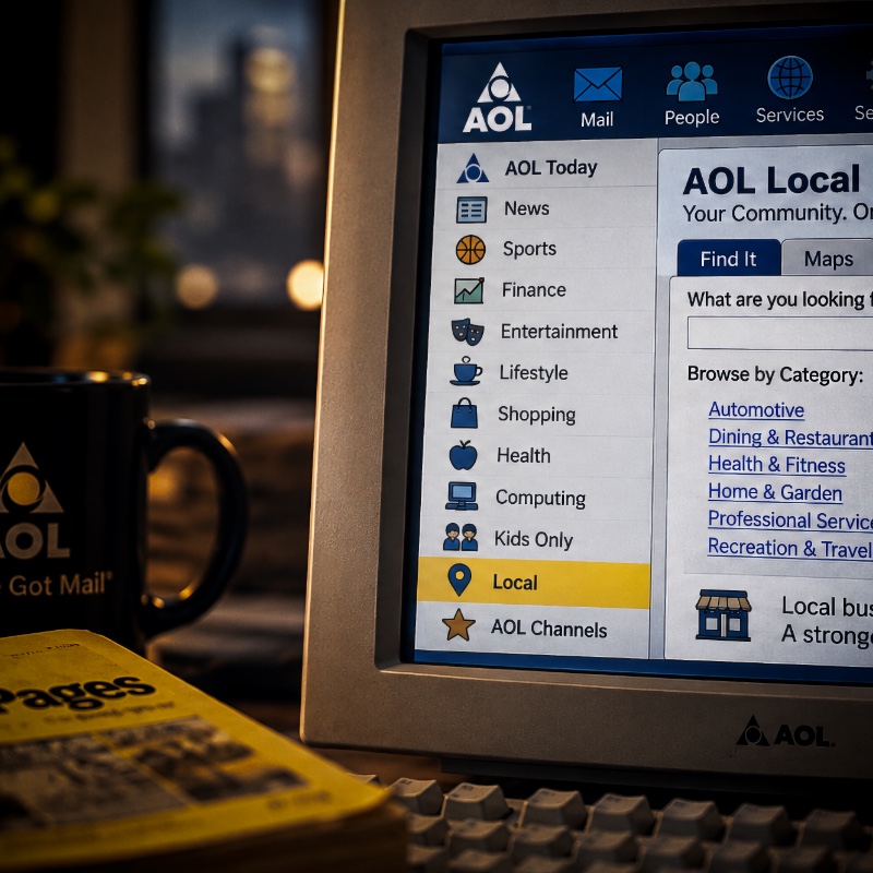 THE ROLLOUT — Digital Business Discovery AOL-era computer screen and local business materials illustrating the transition to digital discovery.